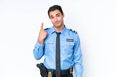 Young police caucasian man isolated on white background pointing with the index finger a great idea