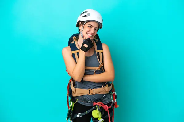 Young Italian Rock Climber Woman Isolated Blue Background Smiling — Stock Photo, Image