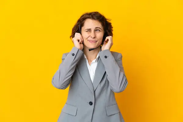 Young English Woman Isolated Yellow Background Frustrated Covering Ears — Stock Photo, Image