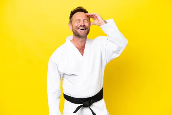 Middle Age Caucasian Man Doing Karate Isolated Yellow Background Smiling — Stock Photo, Image