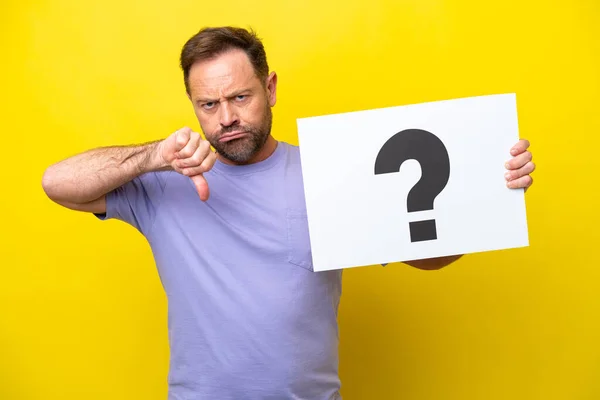 Middle Age Caucasian Man Isolated Yellow Background Holding Placard Question — Stock Photo, Image