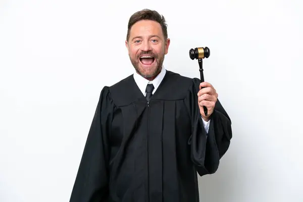 中年の裁判官は 驚きの表情で白い背景で孤立した男 — ストック写真