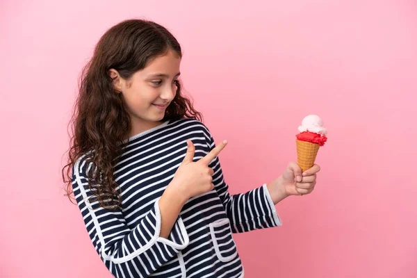 Little Caucasian Girl Holding Ice Cream Isolated Pink Background Pointing — Stock Photo, Image
