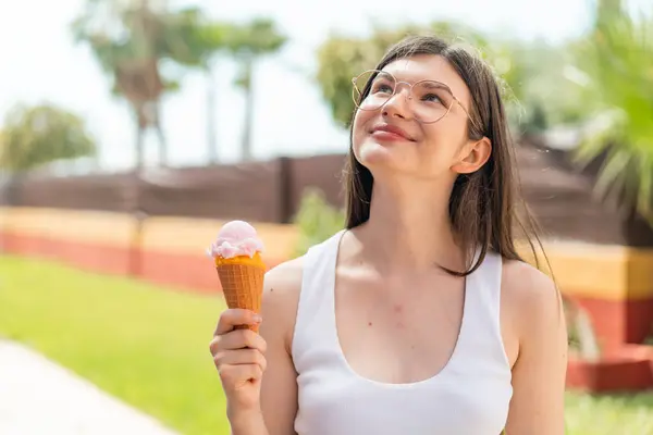 Young Pretty Ukrainian Woman Cornet Ice Cream Outdoors Looking While — Stock Photo, Image