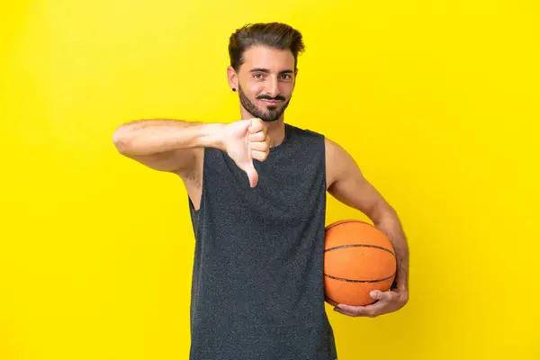 Handsome Young Basketball Player Man Isolated Yellow Background Showing Thumb — Stock Photo, Image