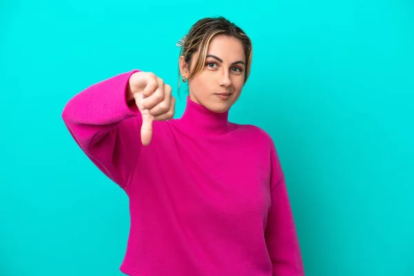 Young Caucasian Woman Isolated Blue Background Showing Thumb Negative Expression — Stock Photo, Image