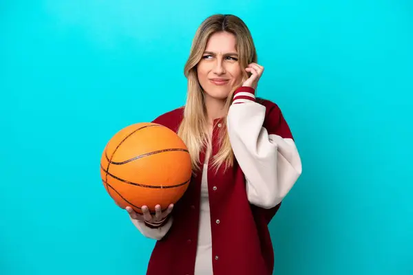Young Caucasian Basketball Player Woman Isolated Blue Background Frustrated Covering — Stock Photo, Image