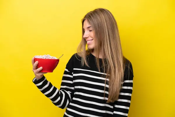 Young Caucasian Woman Holding Bowl Cereals Isolated Yellow Background Happy — Stock Photo, Image