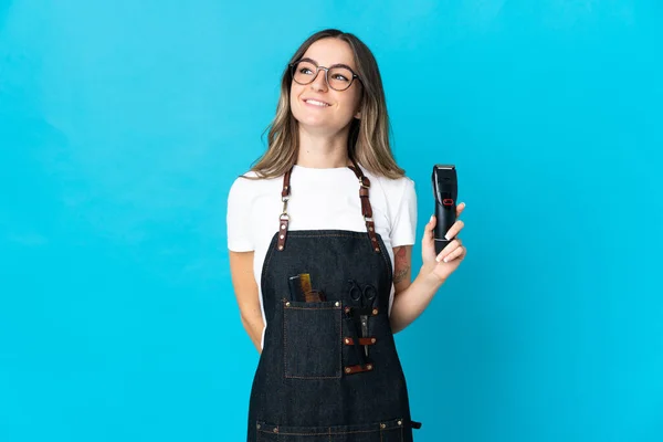 Giovane Donna Parrucchiere Rumeno Isolato Sfondo Blu Pensando Idea Mentre — Foto Stock