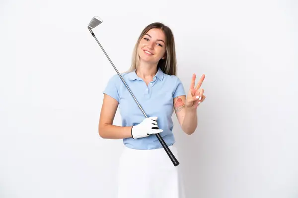 Giovane Donna Rumena Isolata Sfondo Bianco Giocare Golf Mostrando Segno — Foto Stock