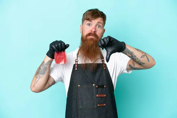 Butcher Man Wearing Apron Serving Fresh Cut Meat Isolated Blue — Stock Photo, Image