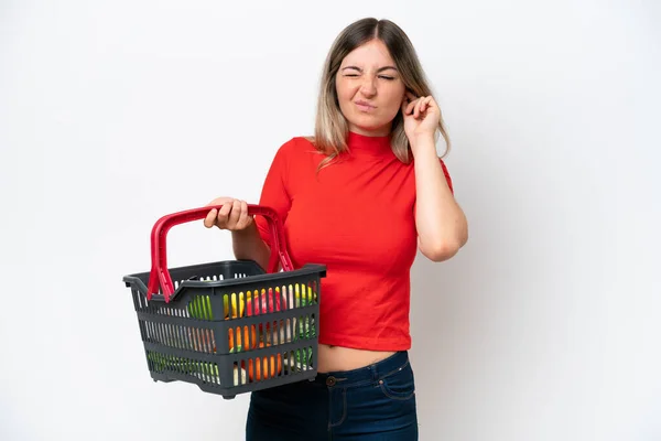 Young Rumanian Woman Holding Shopping Basket Full Food Isolated White — Stock Photo, Image