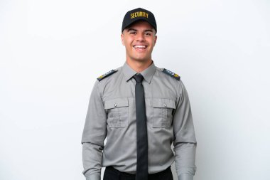 Beyaz arka planda yüzü sürpriz bir ifadeyle izole edilmiş beyaz bir beyaz güvenlik görevlisi.