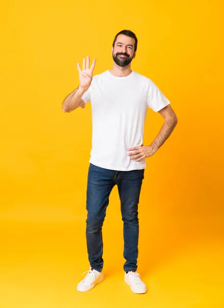 Full Length Shot Man Beard Isolated Yellow Background Happy Counting — Stock Photo, Image
