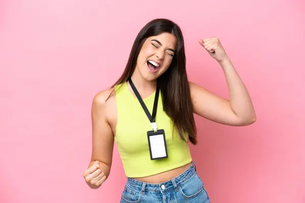 Young Brazilian Woman Card Isolated Pink Background Celebrating Victory — стоковое фото