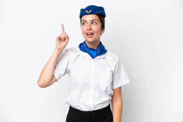 Αεροπλάνο Αεροσυνοδός Καυκάσιος Γυναίκα Απομονωμένη Λευκό Φόντο Σκοπό Πραγματοποιήσει Λύση — Φωτογραφία Αρχείου