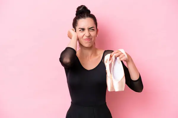 Young Caucasian Woman Practicing Ballet Isolated Pink Background Frustrated Covering — Stock Photo, Image
