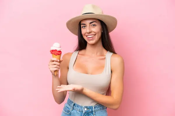 Young Caucasian Woman Cornet Ice Cream Isolated Pink Background Extending — Stock Photo, Image