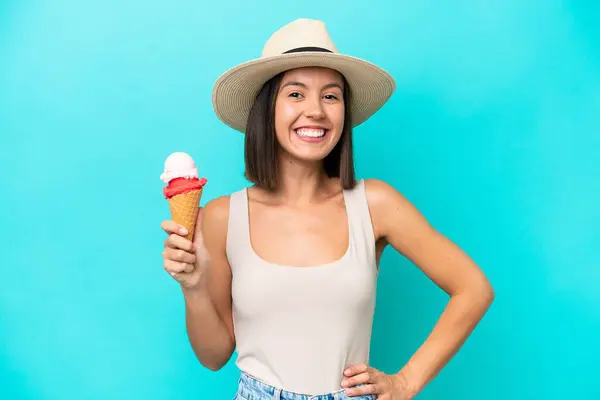 Young Caucasian Woman Holding Ice Cream Isolated Blue Background Posing — Stock Photo, Image