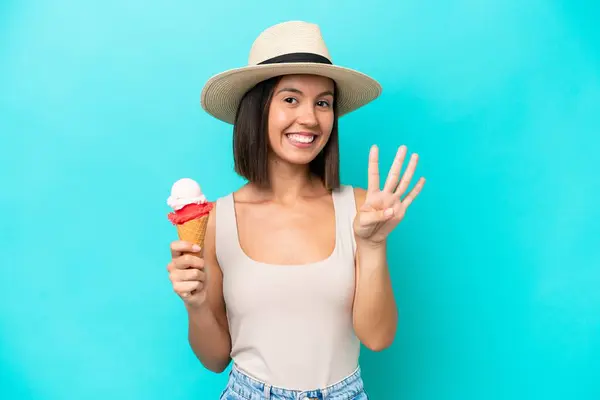 Young Caucasian Woman Holding Ice Cream Isolated Blue Background Happy — Stock Photo, Image