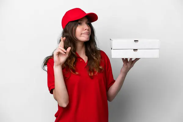 Pizza Delivery Woman Work Uniform Picking Pizza Boxes Isolated White — 图库照片