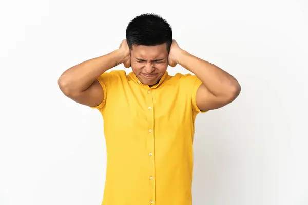 Young Ecuadorian Man Isolated White Background Frustrated Covering Ears — Stock Photo, Image