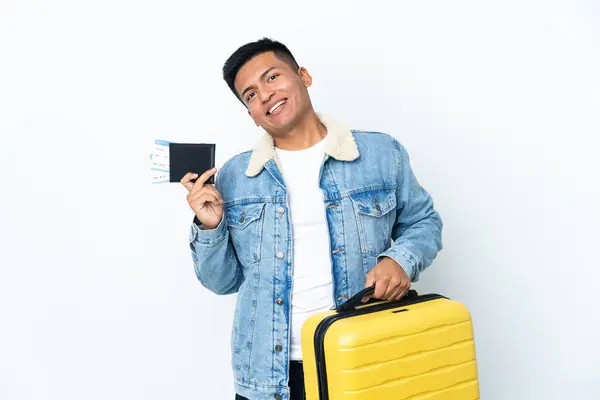 Young Ecuadorian Man Isolated White Background Vacation Suitcase Passport — Stock Photo, Image