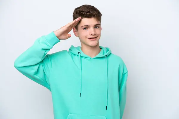 Tonåring Rysk Man Isolerad Vit Bakgrund Hälsning Med Handen Med — Stockfoto