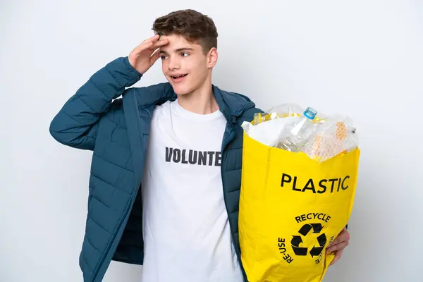 Adolescent Russe Tenant Sac Rempli Bouteilles Plastique Recycler Sur Fond — Photo