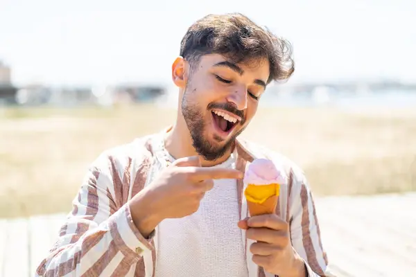 Handsome Arab Man Outdoors Cornet Ice Cream — Stock Photo, Image