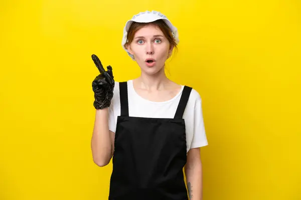 Young English Fisherwoman Isolated Yellow Background Intending Realizes Solution While — Stock Photo, Image