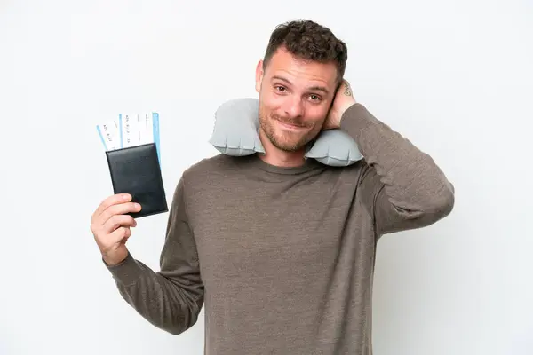 Young Caucasian Man Holding Passport Isolated White Background Laughing — Stockfoto