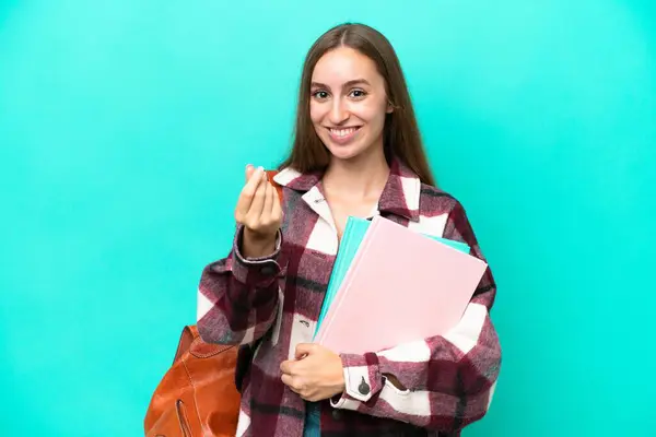 Young Student Caucasian Woman Isolated Blue Background Making Money Gesture — Stock Photo, Image