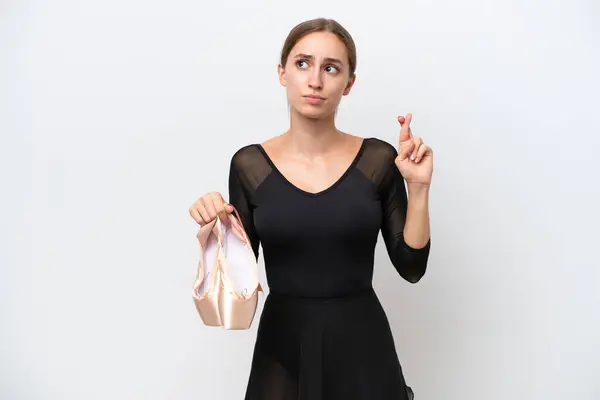 Young Caucasian Woman Practicing Ballet Isolated White Background Fingers Crossing — Fotografia de Stock
