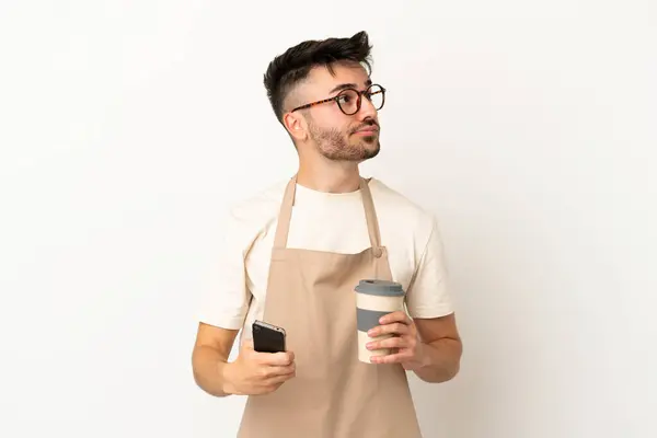Restaurant Waiter Caucasian Man Isolated White Background Holding Coffee Take — Stock Photo, Image