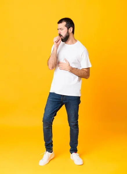 Full Length Shot Man Beard Isolated Yellow Background Suffering Cough — Stock Photo, Image