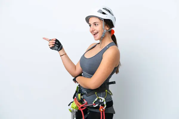 Young Ukrainian Rock Climber Woman Isolated White Background Pointing Finger — Stock Photo, Image