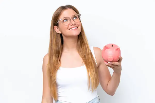 Young Pretty Blonde Woman Holding Piggy Bank Isolated White Background — Stock Photo, Image