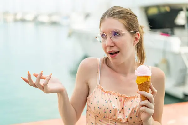 French Girl Glasses Holding Cornet Ice Cream Outdoors Surprise Facial — Stock Photo, Image