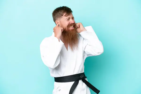 Redhead Man Long Beard Doing Karate Isolated Blue Background Frustrated — Stock Photo, Image
