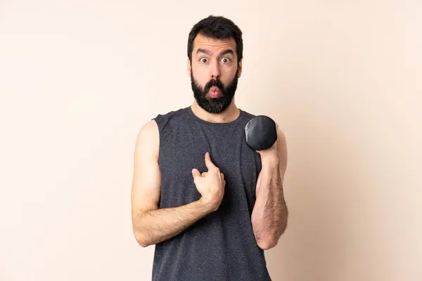 Caucasian Sport Man Beard Making Weightlifting Isolated Background Pointing Oneself — Stock Photo, Image