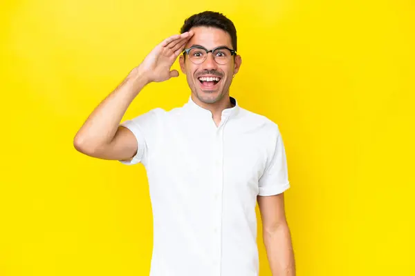 Young Handsome Man Isolated Yellow Background Has Realized Something Intending — Stock Photo, Image