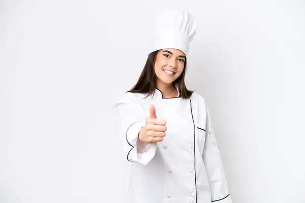 Young Brazilian Chef Woman Isolated White Background Thumbs Because Something — стоковое фото