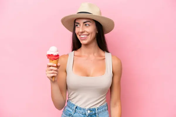 Young Caucasian Woman Cornet Ice Cream Isolated Pink Background Looking — Stock Photo, Image