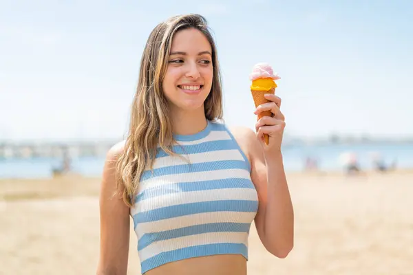 Young Pretty Woman Cornet Ice Cream Outdoors Happy Expression — Stock Photo, Image