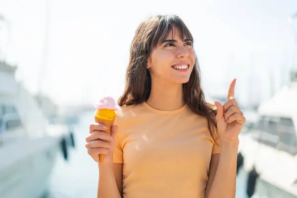 Young Woman Cornet Ice Cream Outdoors Intending Realizes Solution While — Stock Photo, Image