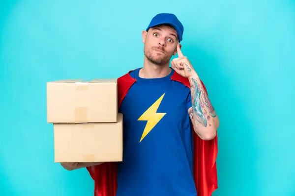 Super Hero Delivery Man Isolated Background Thinking Idea — Stock Photo, Image