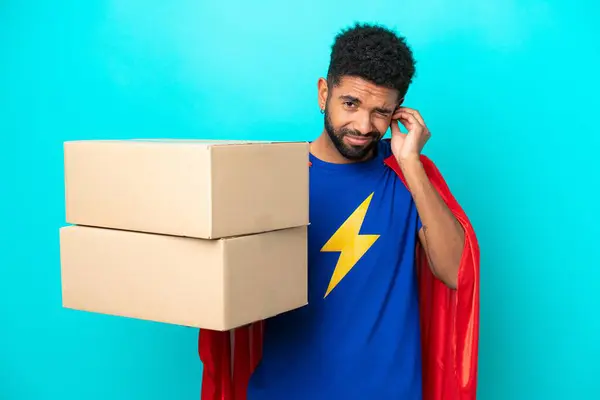 Super Hero Delivery Brazilian Man Isolated Blue Background Frustrated Covering — Stock Photo, Image