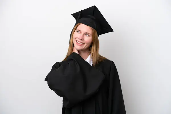 Jonge Universiteit Afgestudeerd Engels Vrouw Geïsoleerd Witte Achtergrond Denken Een — Stockfoto