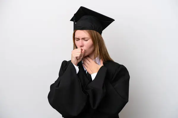 Jovem Universitária Graduada Inglesa Mulher Isolada Fundo Branco Está Sofrendo — Fotografia de Stock